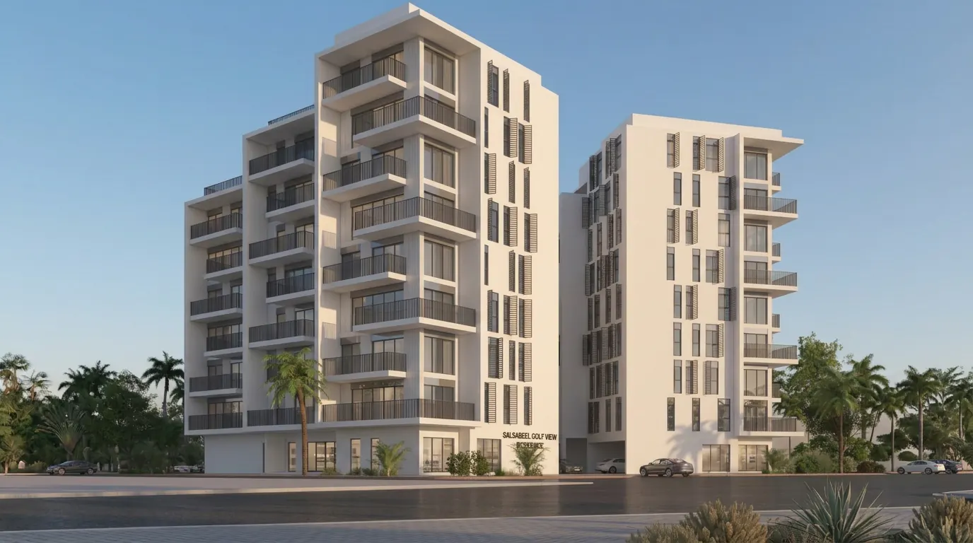 Render of the two Salsabeel Golf View Residence buildings at golden hour